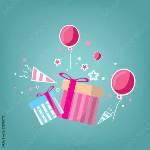  gift boxes and balloons vector illustration. design for kids party and door prize banner