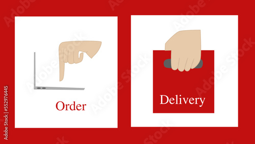 hand holding a bag and hand with computer for order and delivery