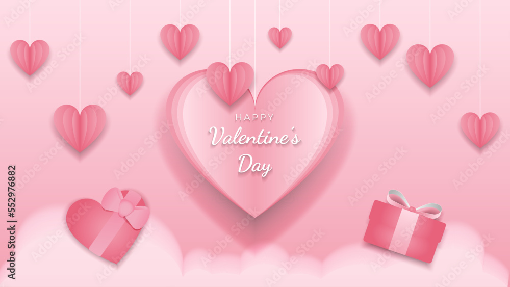 Paper cut style happy valentine's day greeting background with gifts