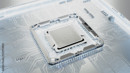 Abstract white circuit board. Space on processor or cpu Can be used text input or banner related to innovation and industry technology. 3D Render.