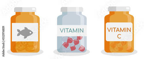 set of vitamin's bottles. vitamin bottle with label. Pill flat icon isolated on white background. Flat vector illustration.	