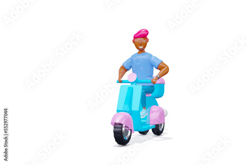 3d render. Delivery man on a blue scooter. cartoon style