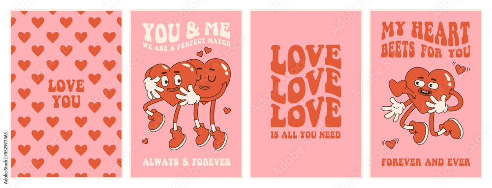 Groovy lovely hearts posters. Love concept. Happy Valentines day greeting card. Funky background in trendy retro 60s 70s cartoon style. Vector illustration in pink red colors. - obrazy, fototapety, plakaty 