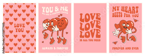 Groovy lovely hearts posters. Love concept. Happy Valentines day greeting card. Funky background in trendy retro 60s 70s cartoon style. Vector illustration in pink red colors.