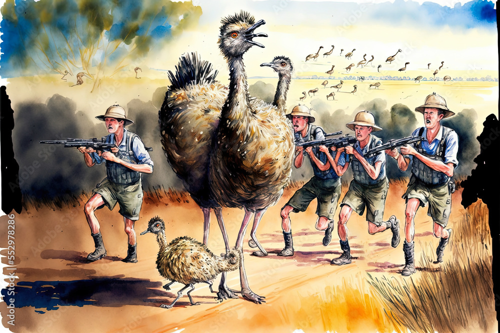 Illustration of the comedic Great Emu War Soldiers attempting to herd a flock of emus with guns