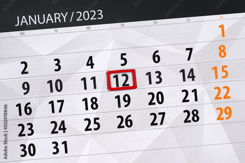 Obraz premium Calendar 2023, deadline, day, month, page, organizer, date, january, thursday, number 12