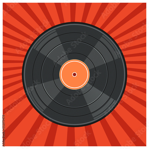 Vinyl record on a retro background of divergent rays. Vector illustration