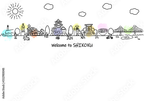 手書きの四国街並みと人々のシンプル線画