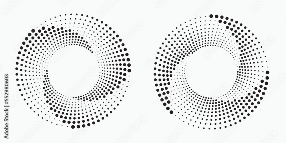 Circle halftone spiral backdrop set. Dotted abstract concentric circle. spiral, swirl, twirl element. Circular and radial dots helix. Design element for multipurpose use.	