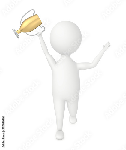 3d character excited , holding a golden trophy