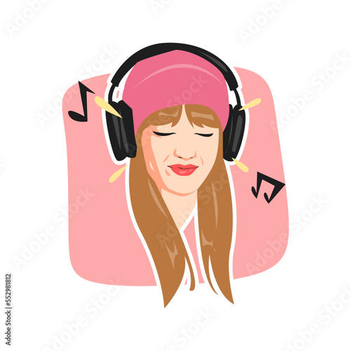portrait of young girl wearing beanie cap and headphones. happy expression. concept of music, fashion, technology. suitable for sticker, print, etc. vector graphic.