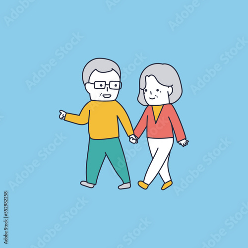 手を繋いで散歩する仲良し老夫婦のイラスト素材｜mayucolor09