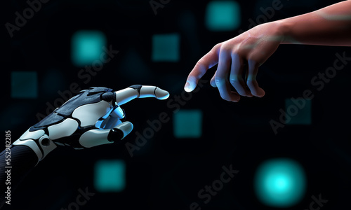 Robot hand making contact with human finger on dark blue background. Business communication and Innovation technology concept. 3D illustration rendering