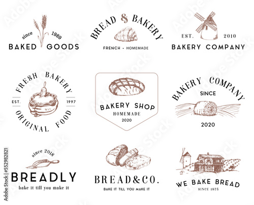 Bakery logos set with vintage vector illustrations
