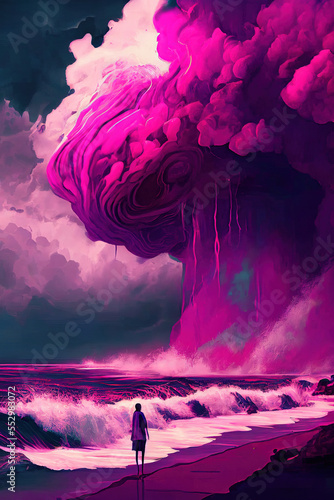 figure on the background of the sea. unrealistic imagination landscape with clouds. generative AI