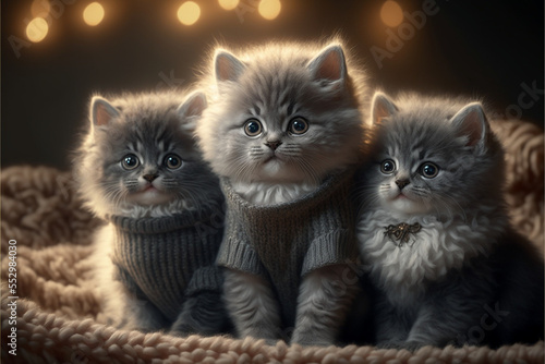 Fluffy grey kittens with christmas background, Generative AI  © Pixelkingdom