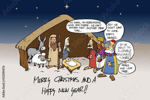 Cartoon xmas card. 3 kings visit the stall with joseph and mary and baby Jesus. No money for gold, frankincense and myrrh so they bought something else.