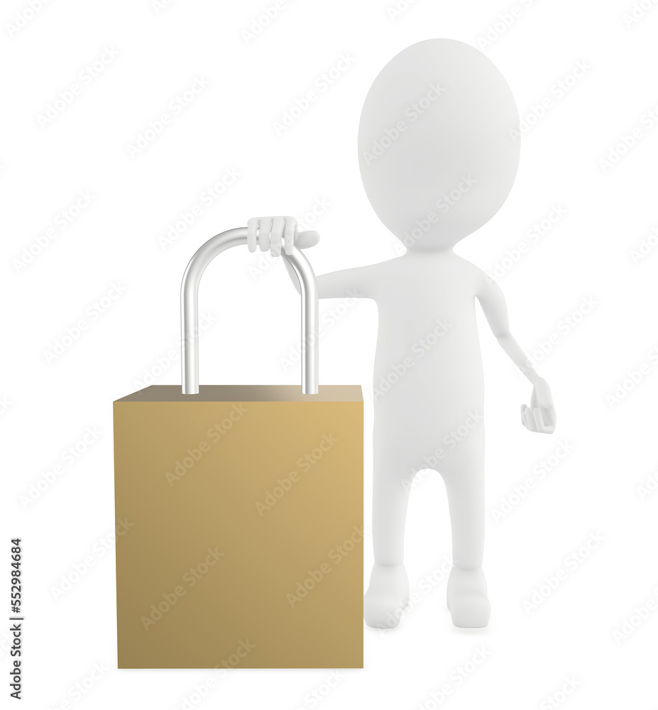 3d white character leaning his hand over a lock 3d white character leaning his hand over a lock
