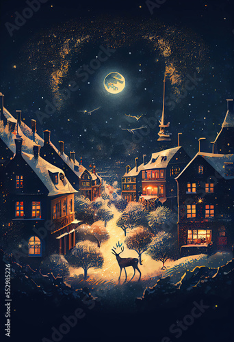 Town decorated for Christmas and a deer, night landscape with the moon and stars, AI generated image