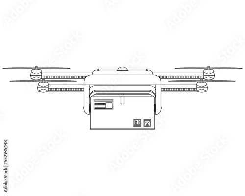 Smart delivery copter Coloting book. Quadcopter flying with package box in the sky. Modern autonomous drone for drone order delivery. PNG Illustration. photo