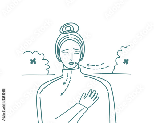 Isolated of a woman do breathing exercise outdoor. Flat vector illustration.	