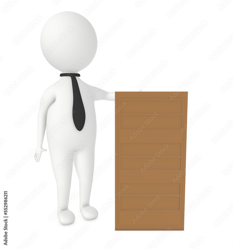 3d character , man and wooden cabinet in white isolated background 3d character , man and wooden cabinet in white isolated background