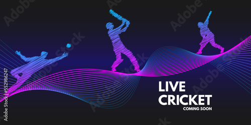 Live Cricket Championship League match poster or banner concept. An abstract wave design element. Background of stylized line art. batsman, bowler, fielder in background.