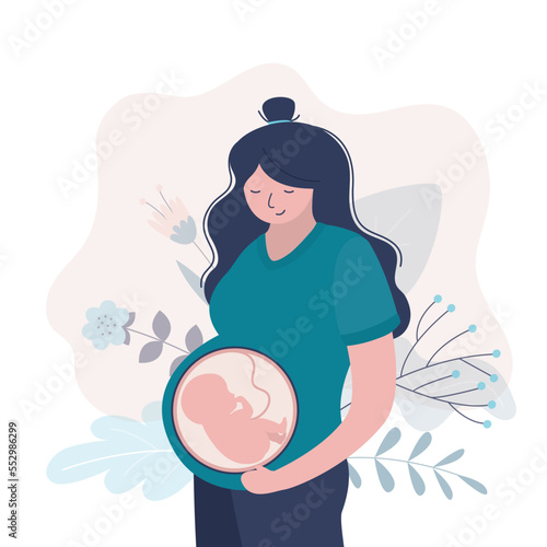 Happy pregnant woman thinks about newborn baby. Maternity, pregnancy and the period before childbirth. Adorable female haracter. Cute embryo in tummy.