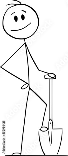 Gardener or Digger with Spade or Shovel, Vector Cartoon Stick Figure Illustration