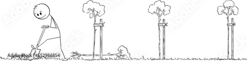 Gardener Planting Alley or Avenue of Trees, Vector Cartoon Stick Figure Illustration