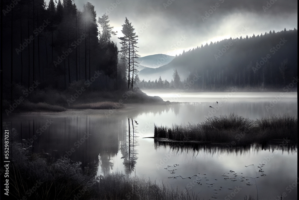 misty morning on the lake. Designed using Generative AI.