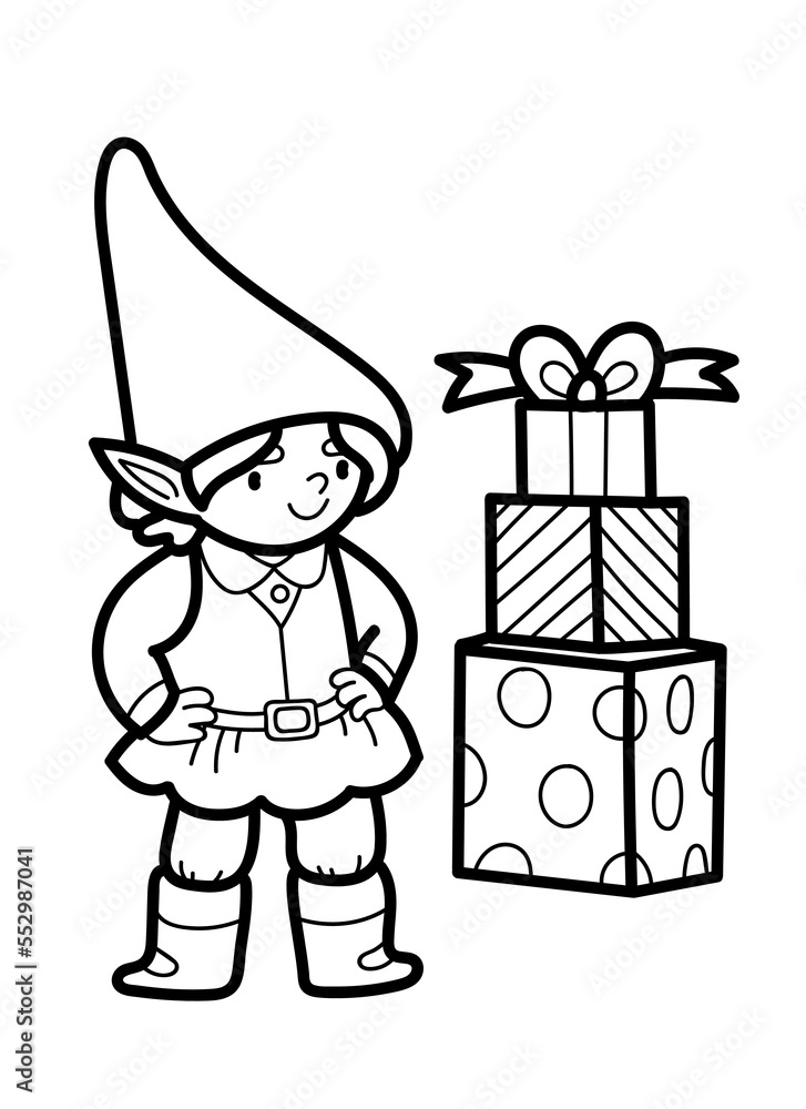 Vector outline illustration of Santa's elf with gifts isolated on a white background. Coloring page with a Christmas symbol for the design of a children's book.