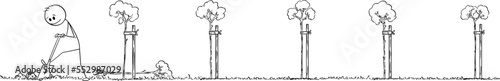Gardener Planting Alley or Avenue of Trees, Vector Cartoon Stick Figure Illustration