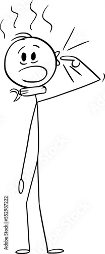 Person With Ear Pain Problem, Inflammation of the Middle Ear, Vector Cartoon Stick Figure Illustration