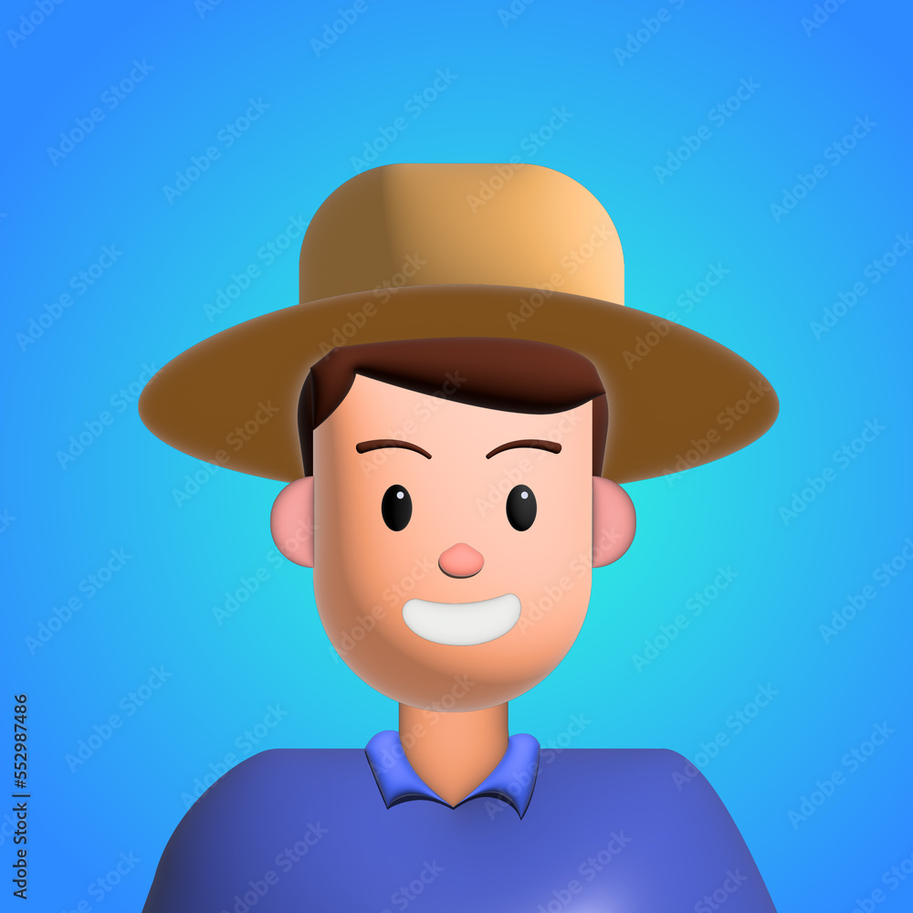 Man with hat smiling portrait.Young man avatar.Smart man 3d illustration
