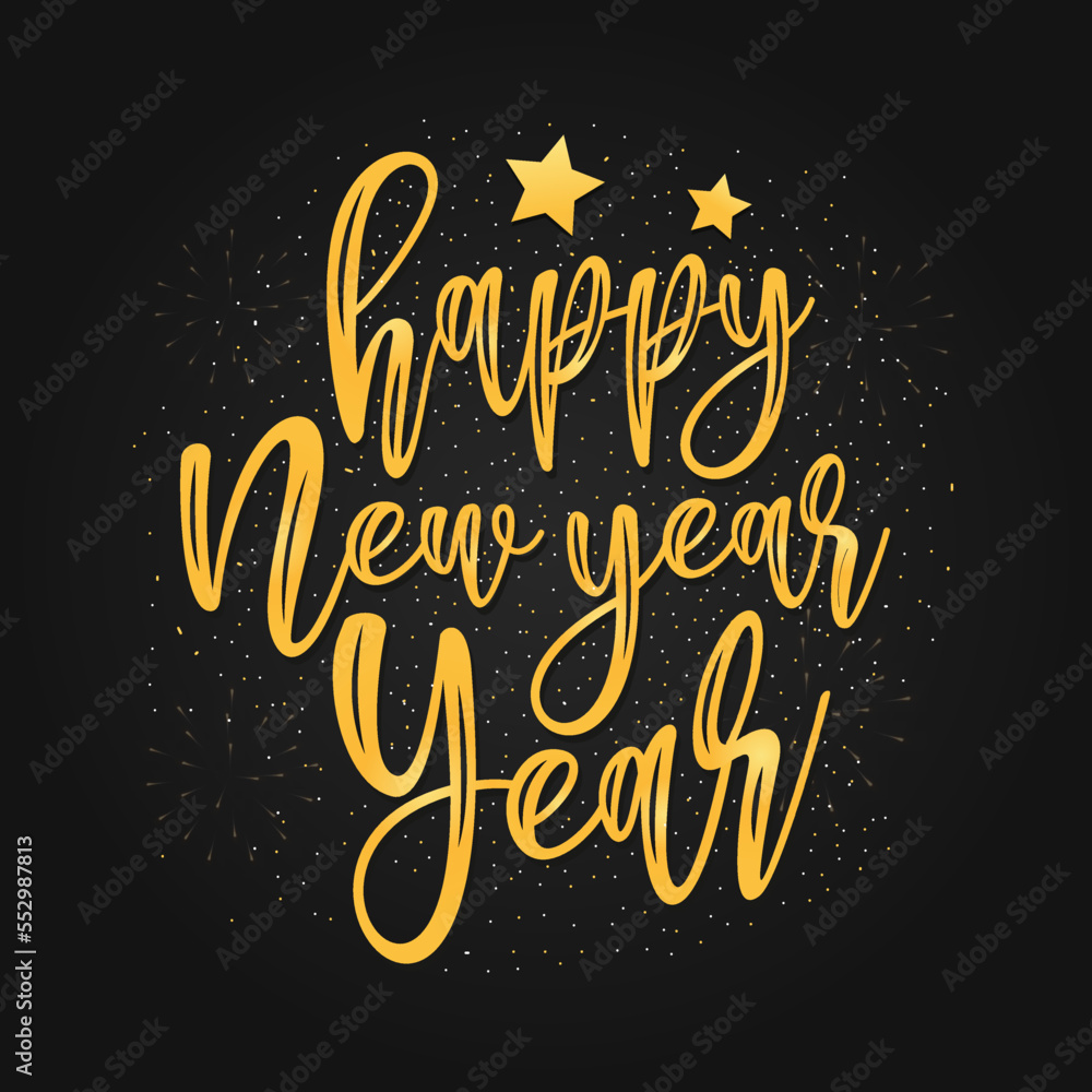 Happy New Year handwritten lettering typography line design gold black blue year background