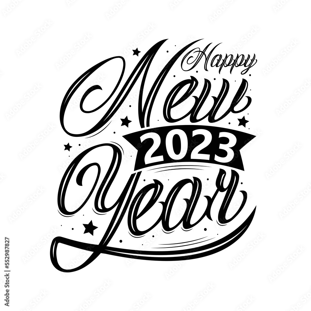 Happy New Year 2023 handwritten lettering typography line design gold white blue year 2023 background Happy New Year 2023 handwritten lettering typography line design gold white blue year 2023 background