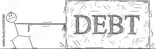 Person Dragging Debt Burden, Vector Cartoon Stick Figure Illustration