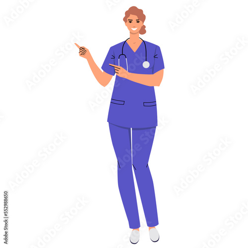 Nurse points to something with the index fingers of both hands. A medical worker with a stethoscope and wearing scrubs presents, demonstrates. Smiling character isolated on white. Flat vector.