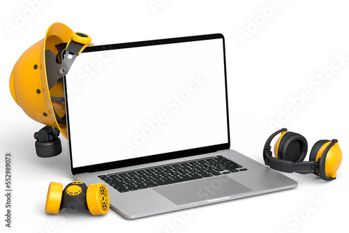 Set of safety helmets or hard caps, headphones and laptop on white background