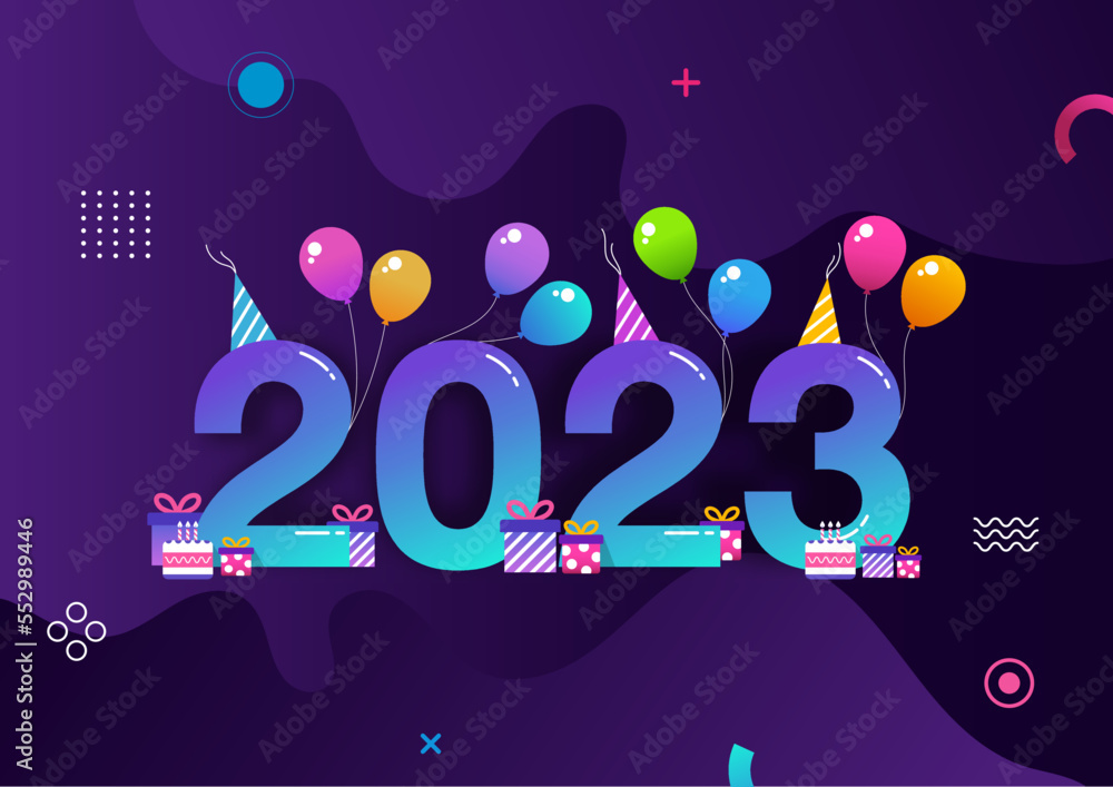 2023 Happy New Year Text Design Background. Greeting Card, Banner, Poster. Cover of business diary for 2023 with wishes. Brochure design template, Vector Illustration.