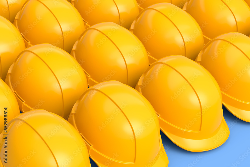 Set of safety helmets or hard caps for carpentry work in row on blue background