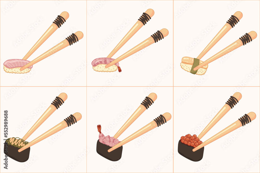 Chopsticks with sushi and gunkan with caviar, shrimp, chuka, salmon, tofu, egg. Asian food eating. Chopsticks with sushi and gunkan with caviar, shrimp, chuka, salmon, tofu, egg. Asian food eating.