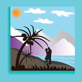 Two lovers on the beach with tropical sunset behind them.