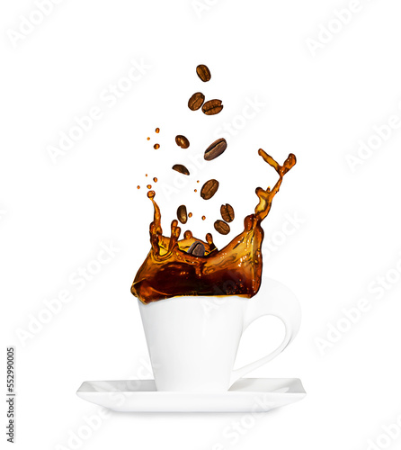 a cup with coffee, coffee beans falling into a cup, creating some coffee splashes, image isolated on a white background