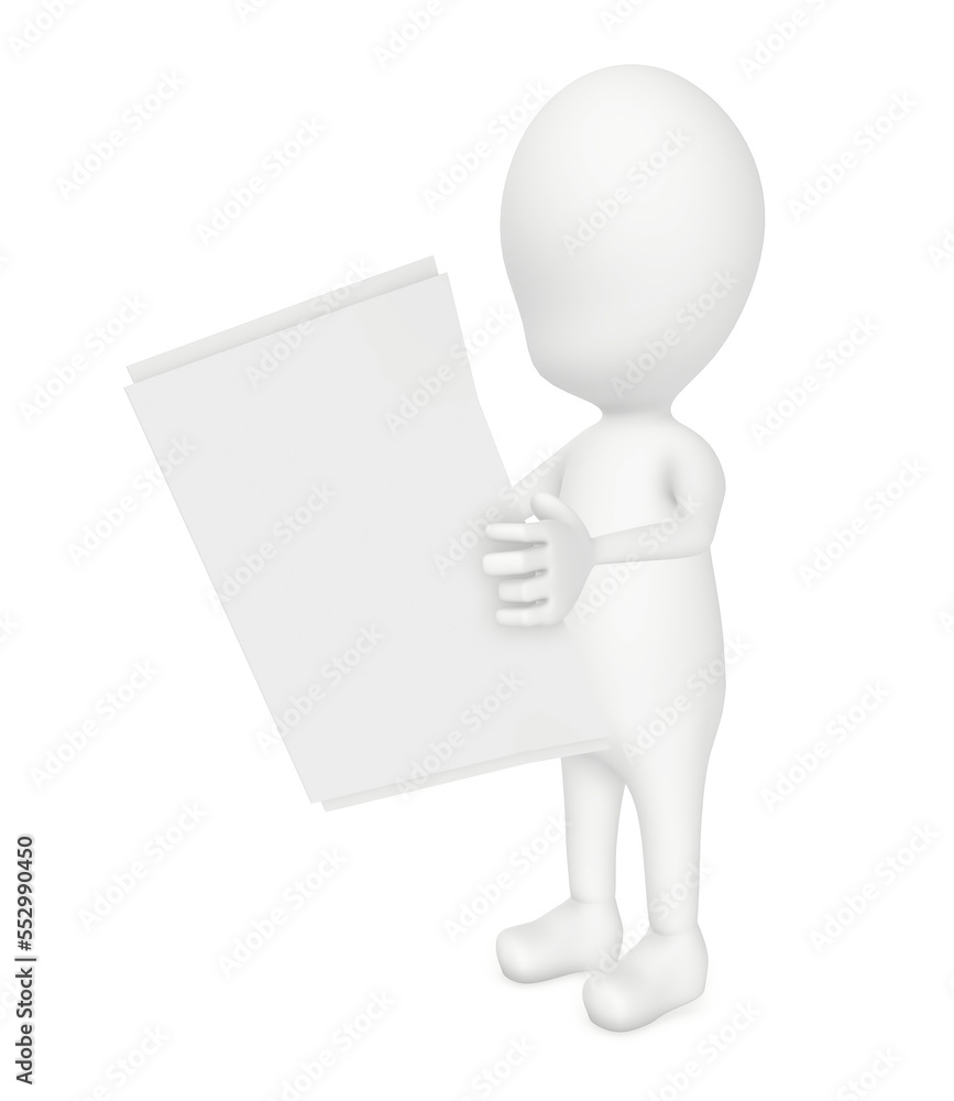 3d character standing and reading paper in white isolated background