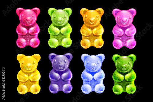 Jelly gummy bear set, vector cute cherry colored cartoon kids candy, baby gum kit, fruit dessert. Edible animal confectionery, funny children sweets, orange taste. Colorful jelly bear collection