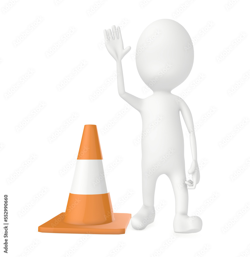 3d character work men showing stop gesture , traffic cones near by 3d character work men showing stop gesture , traffic cones near by