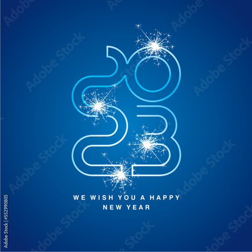 Happy New Year 2023 eve ultra modern neon line design numbers typography white blue icon logo with sparkle firework