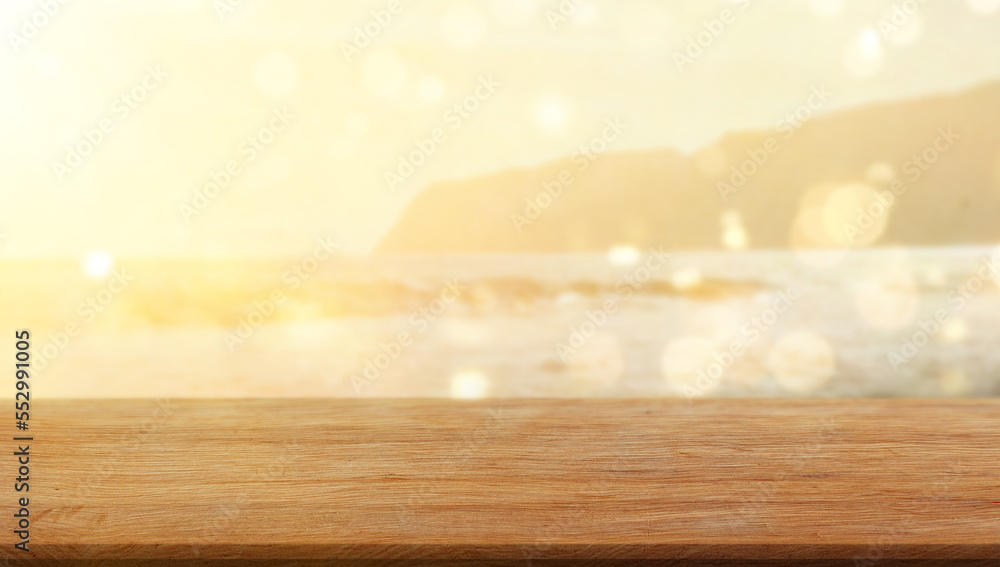 spring summer,  wood table bokeh sunrise sea, ocean wave, sunset bokeh background, soft blur texture wallpaper
